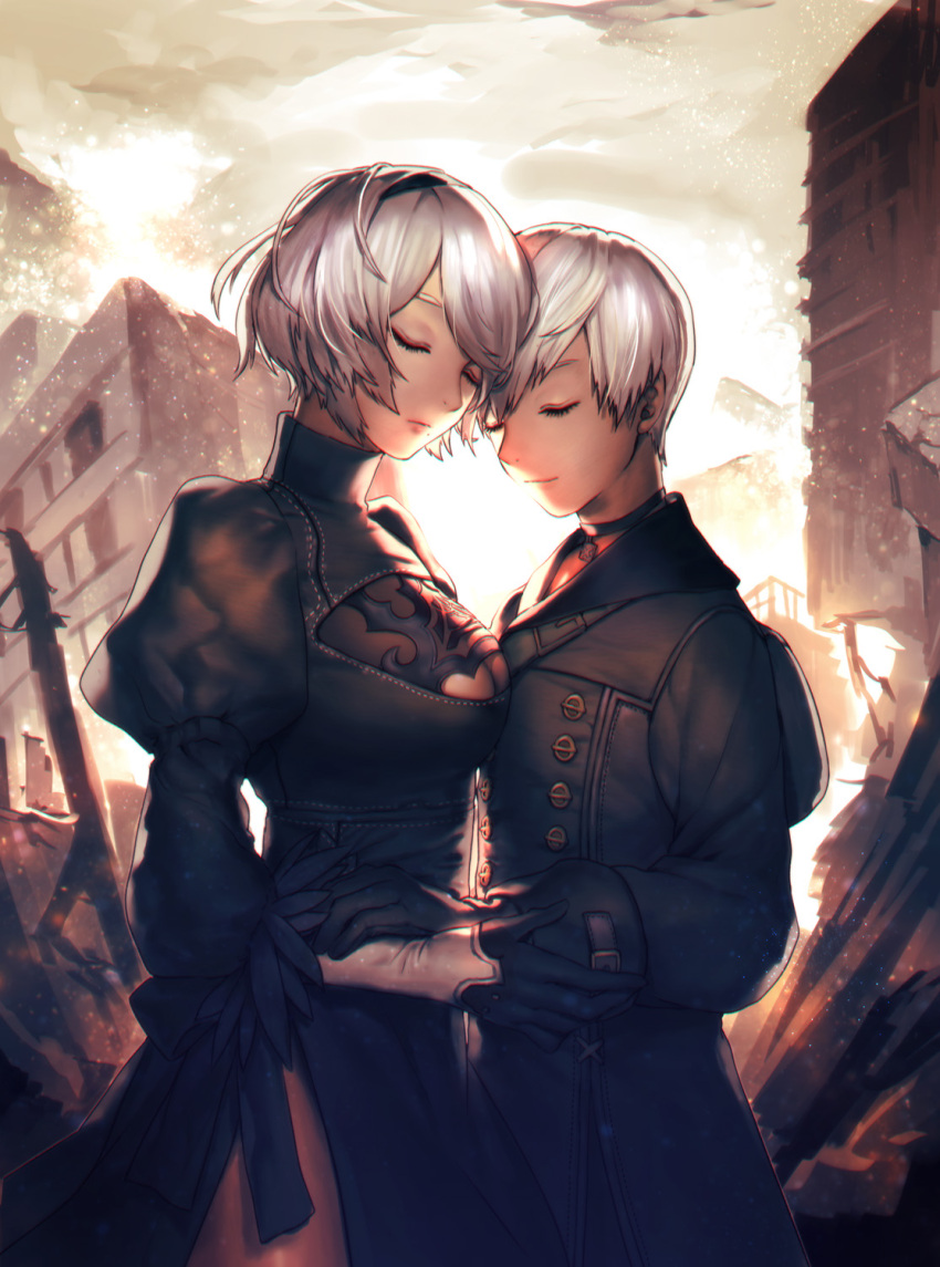 1boy 1girl black_dress breasts cleavage closed_eyes couple dress gloves hetero highres kokutan_kitsunen medium_breasts mole mole_under_mouth nier_(series) nier_automata no_blindfold ruins white_hair yorha_no._2_type_b yorha_no._9_type_s