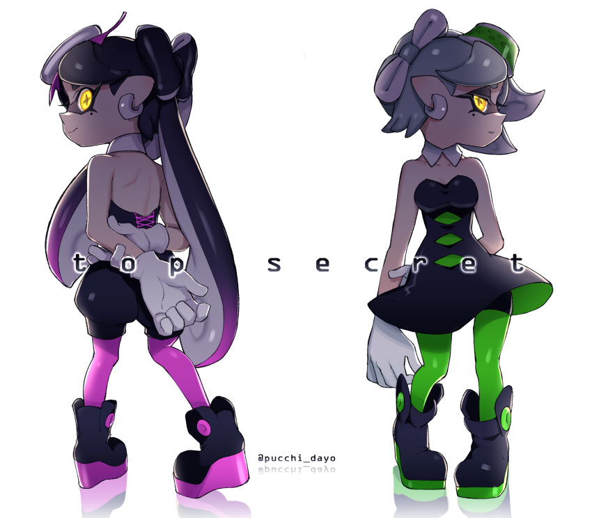 +_+ 2girls ankle_boots aori_(splatoon) arm_behind_back bangs black_boots black_dress black_jumpsuit boots closed_mouth cousins detached_collar domino_mask dress earrings english food food_on_head from_behind full_body gloves glowing glowing_eyes green_legwear grey_hair highres hotaru_(splatoon) jewelry long_hair looking_at_viewer looking_back mask mole mole_under_eye multiple_girls object_on_head pantyhose pointy_ears puchiman purple_legwear reflection short_dress short_hair short_jumpsuit simple_background smile splatoon standing strapless strapless_dress sushi tentacle_hair unitard white_background white_gloves