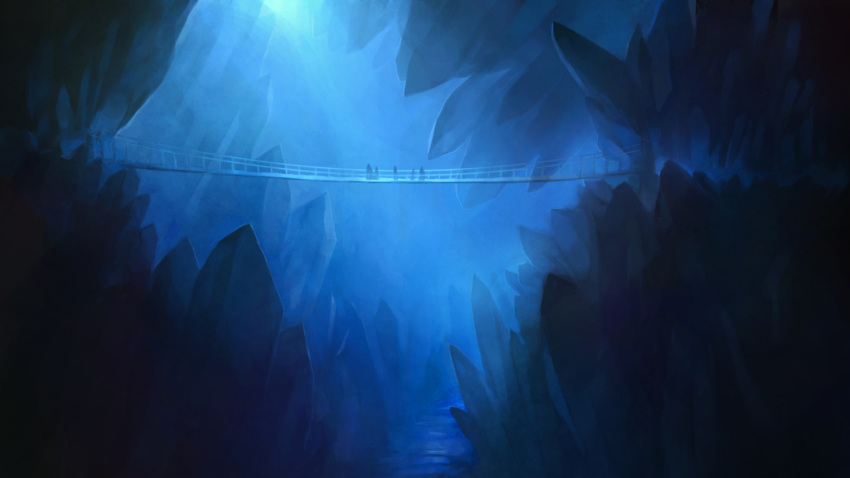 ambiguous_gender blue bridge chasm commentary_request crystal highres original people rock sachi_(yumemayoi) scenery standing sunlight