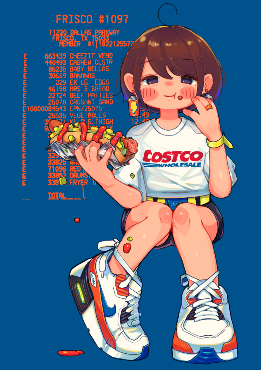 1girl absurdres bangs battery blue_background blue_eyes blush brown_hair costco earrings eating english_text eyebrows_visible_through_hair food full_body highres holding holding_food hot_dog invisible_chair jewelry looking_at_viewer more_e_4km number original ring shirt shoes short_hair short_sleeves shorts sitting smile solo swept_bangs t-shirt white_shirt