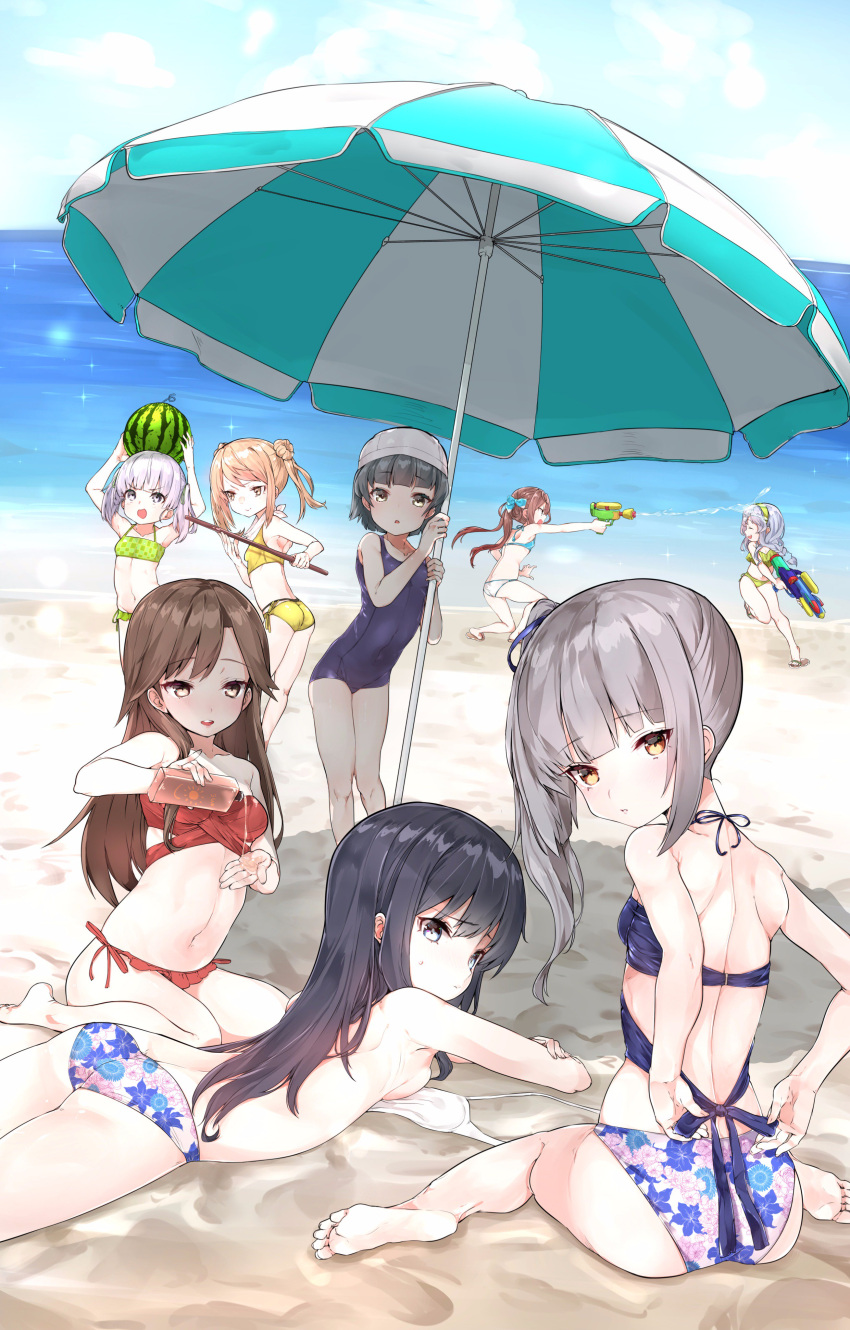 &gt;:) &gt;:d 6+girls :d absurdres arare_(kantai_collection) arashio_(kantai_collection) asagumo_(kantai_collection) asashio_(kantai_collection) ass barefoot beach bikini black_hair blue_eyes bow breasts brown_eyes brown_hair checkered checkered_bikini commentary_request day double_bun floral_print food from_behind fruit grey_hair hair_bow hairband highres kantai_collection kasumi_(kantai_collection) light_brown_hair long_hair lying michishio_(kantai_collection) mitsudoue multiple_girls navel ocean on_stomach one-piece_swimsuit ooshio_(kantai_collection) open_mouth school_swimsuit seiza side-tie_bikini side_ponytail sideboob sitting small_breasts smile swimsuit tanning_oil twintails umbrella wariza water_gun watermelon yamagumo_(kantai_collection)