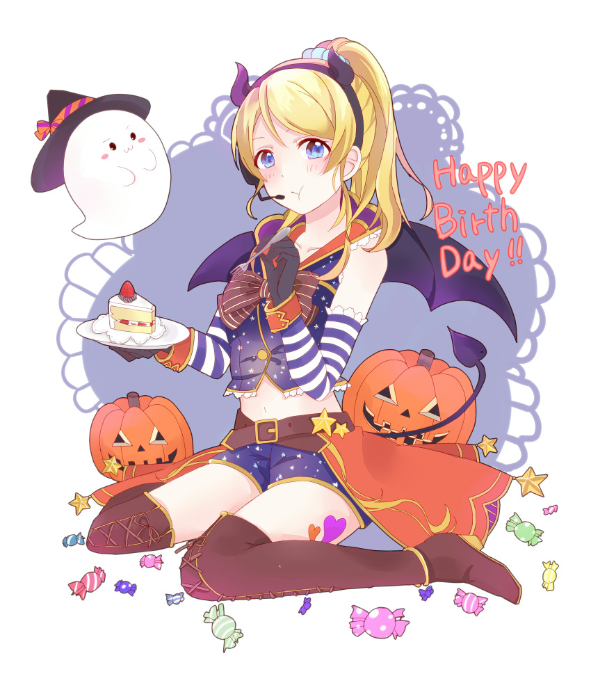 1girl :t absurdres ayase_eli belt black_gloves black_hairband blonde_hair blue_eyes blue_shorts boots brown_boots collarbone crop_top demon_tail detached_sleeves fake_horns ghost gloves hair_ornament hairband halloween halloween_costume happy_birthday high_ponytail highres knee_boots long_hair love_live! love_live!_school_idol_project microphone midriff mugi_tm navel pumpkin short_shorts shorts simple_background sleeveless solo stomach striped tail white_background