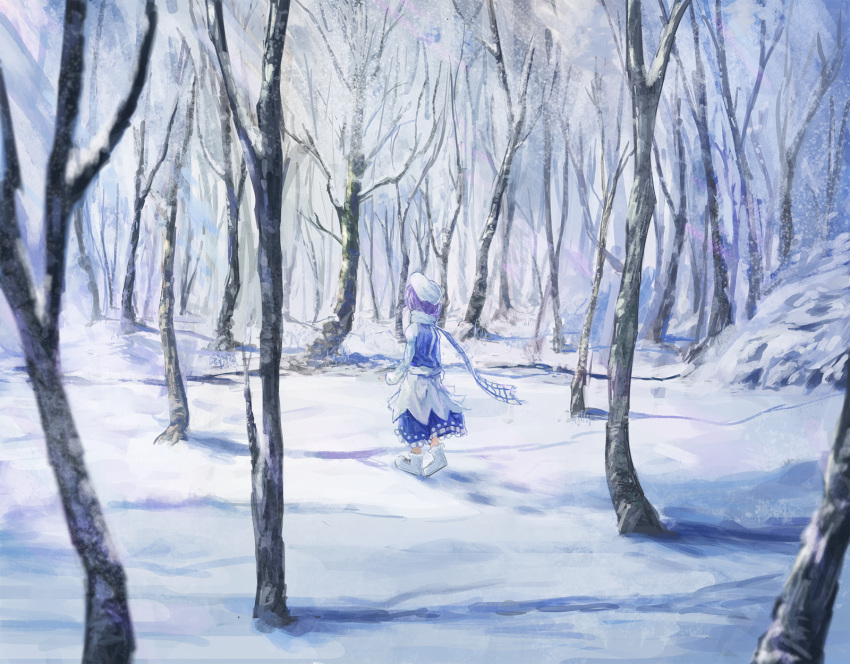 1girl ankle_boots apron bare_tree beret boots checkered_scarf cross-laced_footwear day dress fjsmu footprints forest from_behind hat highres lavender_hair layered_dress letty_whiterock long_sleeves nature outdoors scarf shadow short_hair snow solo touhou tree waist_apron walking walking_away white_boots winter