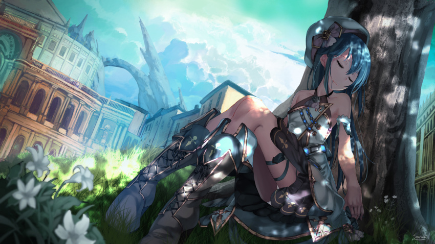 1girl bare_shoulders blue_hair boots closed_eyes closed_mouth collarbone facing_viewer highres knee_boots long_hair original saraki sitting sleeping solo tree wallpaper
