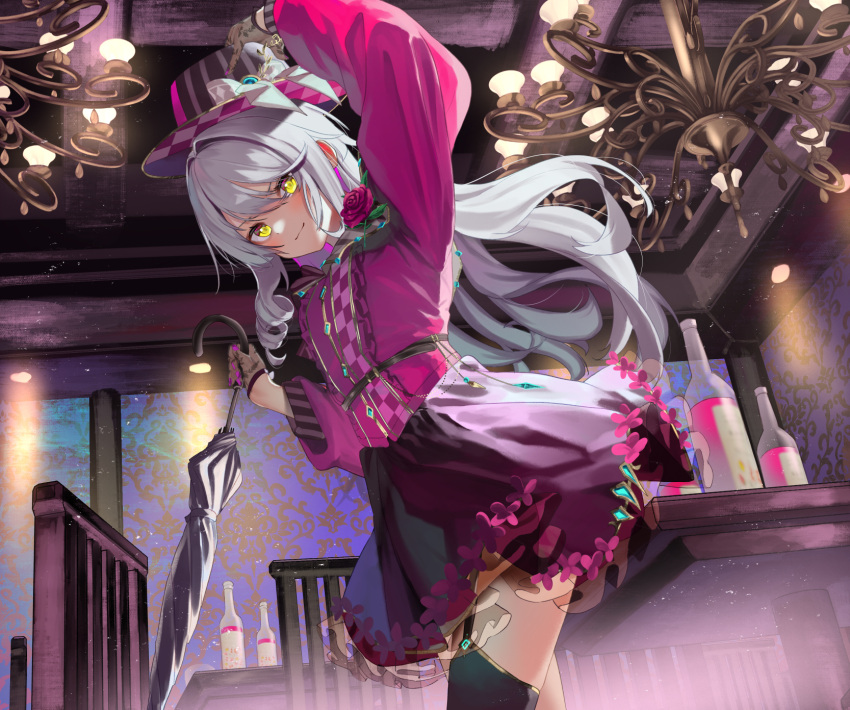 1girl arm_up bangs black_thighhighs black_umbrella blonde_hair bottle brown_gloves ceiling_light closed_mouth closed_umbrella commentary_request garter_straps gloves grey_hair hair_between_eyes half_gloves highres holding holding_umbrella indoors long_sleeves looking_at_viewer original pink_shirt puffy_long_sleeves puffy_sleeves purple_skirt saraki shirt skirt smile solo thigh-highs umbrella