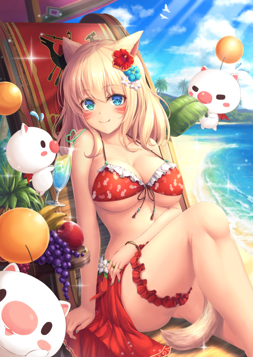 1girl animal_ears bangs beach bikini blonde_hair blue_sky breasts cleavage closed_mouth clouds cloudy_sky crazy_straw day drinking_straw eyebrows_visible_through_hair fang final_fantasy final_fantasy_xiv food front-tie_bikini front-tie_top fruit grapes hair_between_eyes heart highres knee_up large_breasts leg_garter light_rays looking_at_viewer miqo'te ocean red_bikini sarong sitting sky smile solo sunbeam sunlight swimsuit tail tiphereth tropical_drink