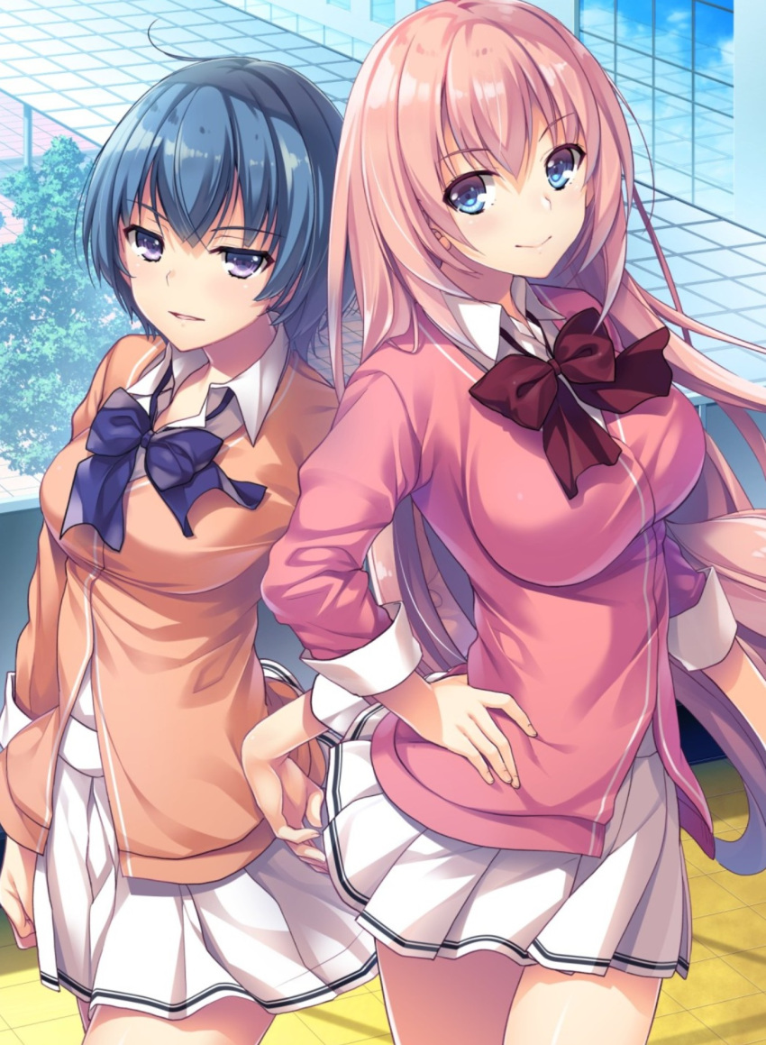 2girls bangs blue_eyes breasts day eyebrows_visible_through_hair hand_on_hip highres ibuki_mio ichinose_honami_(youjitsu) jacket long_hair looking_at_viewer medium_breasts multiple_girls official_art outdoors pink_hair pleated_skirt ribbon school_uniform short_hair skirt sleeves_rolled_up smile tomose_shunsaku very_long_hair violet_eyes youkoso_jitsuryoku_shijou_shugi_no_kyoushitsu_e