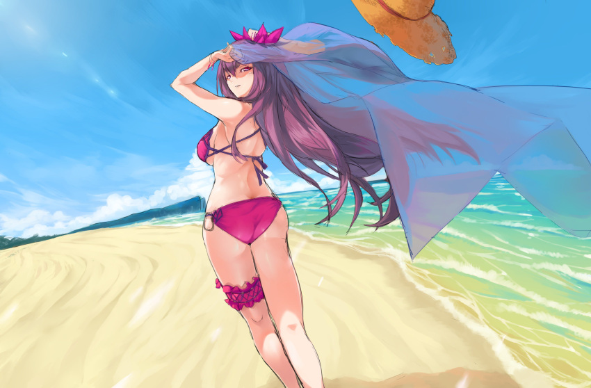 1girl absurdres bare_shoulders beach bikini ceda_(dace) clouds fate/grand_order fate_(series) hair_ribbon hat hat_removed headwear_removed highres looking_behind red_eyes redhead ribbon scathach_(fate/grand_order) scathach_(swimsuit_assassin)_(fate) sky solo swimsuit thigh_strap veil water