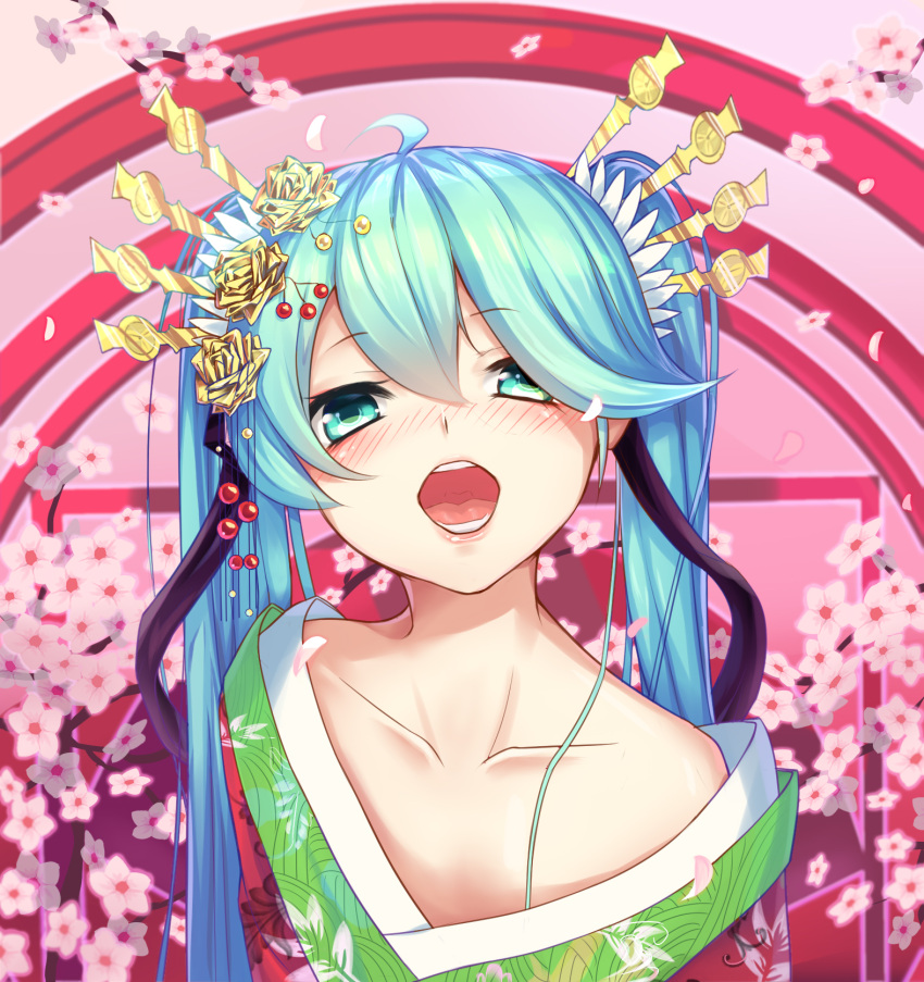 1girl ahoge bangs black_ribbon blush cherry_blossoms collarbone eyebrows_visible_through_hair green_eyes green_hair hair_between_eyes hair_ornament hair_ribbon hatsune_miku headwear hei_huo_chong highres japanese_clothes kimono long_hair looking_at_viewer makeup mascara nose_blush off_shoulder open_mouth petals pink_lips ribbon solo teeth tongue twintails upper_body vocaloid