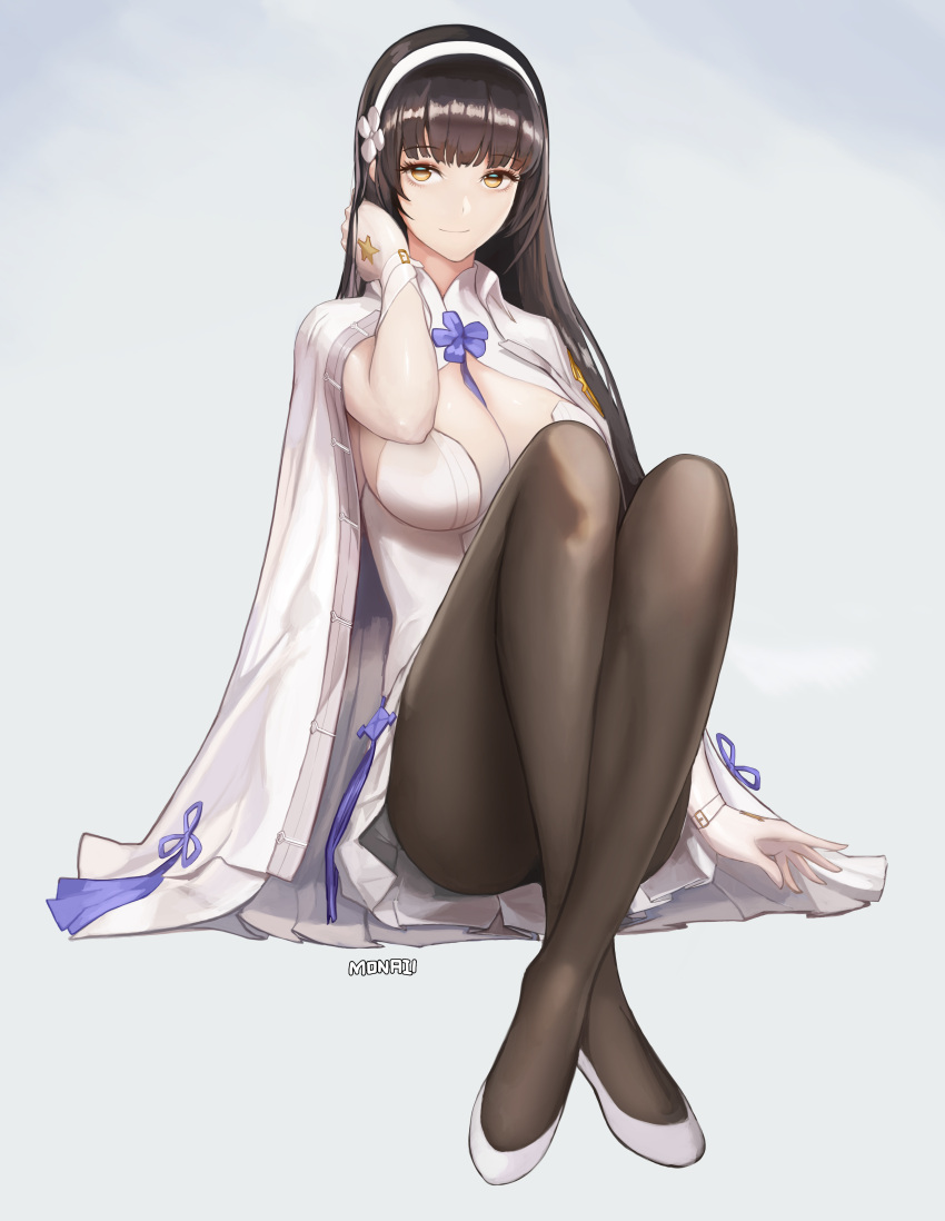 1girl absurdres artist_name bangs black_hair black_legwear blunt_bangs breasts cape cleavage closed_mouth crossed_ankles dress full_body girls_frontline gloves hair_flip hairband highres knees_up large_breasts long_hair looking_at_viewer monaim pantyhose qbz-95_(girls_frontline) short_dress sitting smile solo white_dress white_gloves yellow_eyes