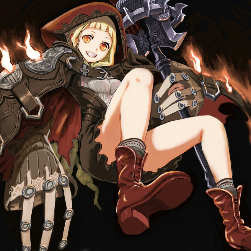 1girl black_background blonde_hair boots cloak fire full_body grin highres holding hood hooded_cloak little_red_riding_hood_(sinoalice) long_sleeves looking_at_viewer mace simple_background sinoalice smile solo teeth ume_(yume_uta_da) weapon