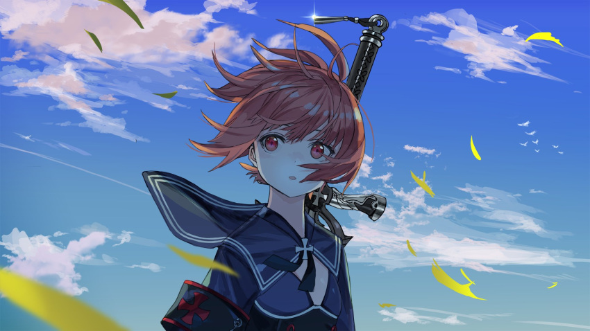 1girl adapted_costume armband clouds cloudy_sky highres iron_cross kantai_collection looking_away parted_lips red_eyes redhead ruisento sailor_collar short_hair sky sword_behind_back upper_body wind z3_max_schultz_(kantai_collection)