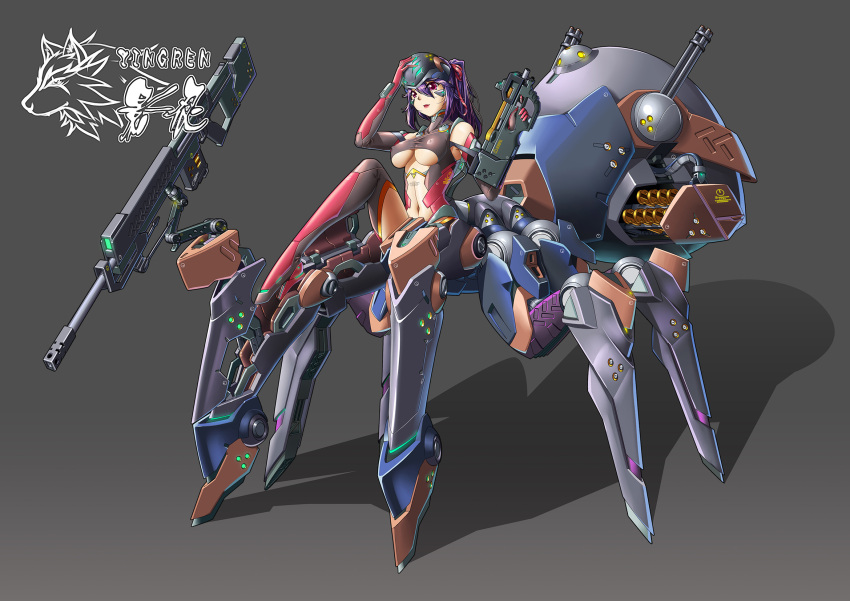 1girl assault_rifle bodysuit breasts erect_nipples gatling_gun grey_background gun high_heels highres insect_girl mecha mecha_musume navel original purple_hair red_eyes rifle simple_background skin_tight spider_girl submachine_gun under_boob visor weapon yin_gren