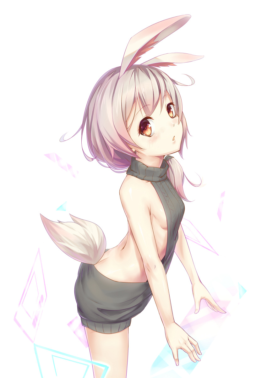 1girl absurdres animal_ears backless_outfit bangs benghuai_xueyuan blush breasts brown_eyes butt_crack dress eyebrows_visible_through_hair from_side grey_hair grey_sweater hair_over_shoulder halterneck hei_huo_chong highres holographic_interface long_hair looking_at_viewer meme_attire naked_sweater parted_lips ribbed_sweater sideboob simple_background small_breasts solo sweater sweater_dress tail theresa_apocalypse turtleneck turtleneck_sweater virgin_killer_sweater white_background