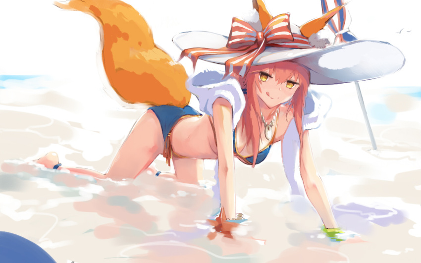 1girl all_fours animal_ears bikini blue_bikini breasts cleavage collarbone ears_through_headwear fate/extra fate/grand_order fate_(series) fox_ears fox_tail hat large_breasts long_hair looking_at_viewer nature ocean parasol pink_hair solo swimsuit tail tamamo_(fate)_(all) tamamo_no_mae_(swimsuit_lancer)_(fate) tongue tongue_out umbrella yellow_eyes yinzhang