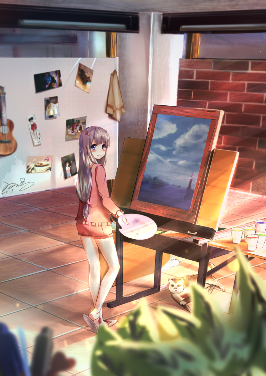 1girl 2017 absurdres animal art_brush bangs blue_eyes blush bow canvas_(object) cat closed_mouth dated easel eromanga_sensei eyebrows_visible_through_hair frills full_body guitar hair_bow highres holding indoors instrument izumi_sagiri lavender_hair long_hair looking_at_viewer low-tied_long_hair paint paintbrush painting painting_(object) pajamas picture_(object) pink_bow pink_ribbon plant ribbon sidelocks signature slippers solo standing sunlight yu_ming