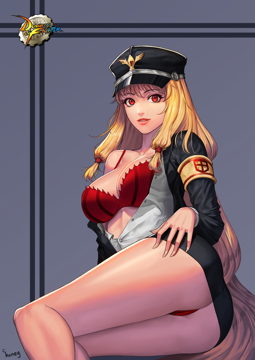 1girl absurdres arm_at_side arm_support armband artist_name ass bangs black_hat black_jacket black_skirt blonde_hair bra breasts buttons choney collarbone copyright_name dress_shirt dungeon_and_fighter eyebrows_visible_through_hair eyelashes female_gunner_(dungeon_and_fighter) fingernails grey_shirt hair_ornament hair_tie hand_on_hip hat highres jacket legs_together long_fingernails long_hair long_sleeves looking_at_viewer lying maria_tr medium_breasts miniskirt nose on_side open_clothes open_jacket open_shirt panties pantyshot pantyshot_(lying) parted_lips peaked_cap pink_lips red_bra red_eyes red_panties shirt sidelocks skirt solo spaghetti_strap teeth underwear very_long_hair