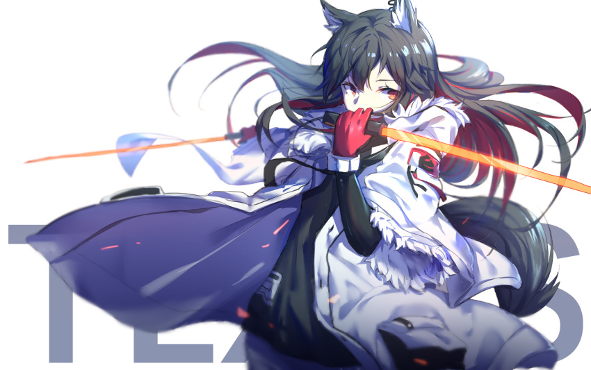 1girl absurdres animal_ear_fluff animal_ears arknights black_hair black_shirt character_name commentary_request ear_piercing fur-trimmed_jacket fur-trimmed_sleeves fur_trim gloves highres holding holding_sword holding_weapon jacket long_sleeves multicolored_hair piercing pocket red_gloves redhead shirt sword tail texas_(arknights) two-tone_hair weapon white_background white_jacket wolf_ears yumuto_(spring1786)