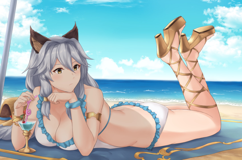 1girl animal_ears ass back beach bikini blush bracelet breasts brown_eyes cherry cleavage cocktail_glass cup drinking_glass food fruit granblue_fantasy heles high_heels jewelry large_breasts long_hair lying ocean on_stomach silver_hair solo swimsuit terry_(pixiv3274443) white_bikini