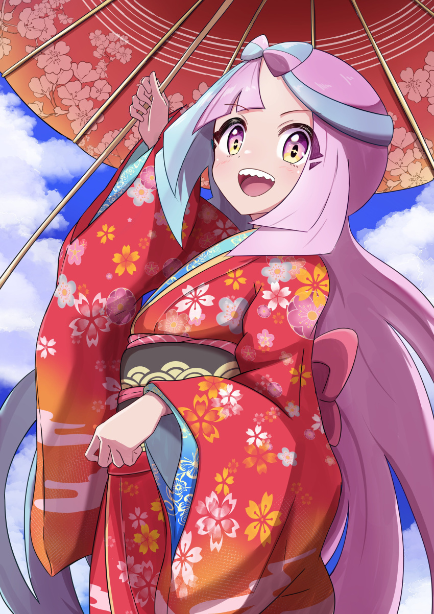 1girl absurdres alternate_costume blue_hair blue_sky bow-shaped_hair clouds day highres holding holding_umbrella iono_(pokemon) japanese_clothes kimono long_sleeves looking_at_viewer multicolored_hair new_year oil-paper_umbrella open_mouth outdoors pink_eyes pink_hair pokemon pokemon_sv print_kimono red_kimono red_umbrella rono_(lethys) sharp_teeth sky solo teeth two-tone_hair umbrella upper_teeth_only