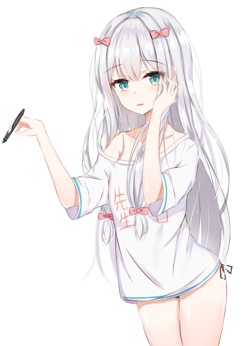 1girl absurdres adrenaline!!! artist_request bangs bare_shoulders black_panties blue_eyes collarbone commentary_request cowboy_shot eromanga_sensei hand_on_own_cheek hand_on_own_face hands_up highres holding holding_pen izumi_sagiri legs legs_together long_hair looking_at_viewer off_shoulder panties pantyshot pantyshot_(standing) parted_lips shirt side-tie_panties sidelocks silver_hair simple_background standing string_panties stylus t-shirt tearing_up underwear white_background white_shirt