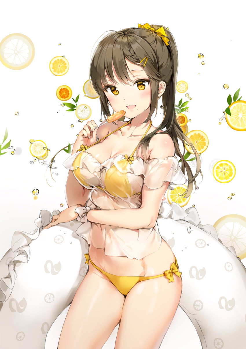 1girl :d air_bubble anmi bare_shoulders bikini blush bow bow_bikini breasts brown_hair collarbone commentary_request cowboy_shot crop_top dot_nose food fruit hair_bow hair_ornament hairclip halter_top halterneck highres holding_innertube holding_lollipop innertube lemon lemon_slice long_hair looking_at_viewer medium_breasts mole mole_under_mouth off-shoulder_shirt open_mouth original ponytail see-through shirt smile solo swimsuit white_bow white_shirt wrist_bow wristband yellow_bikini yellow_bow yellow_eyes