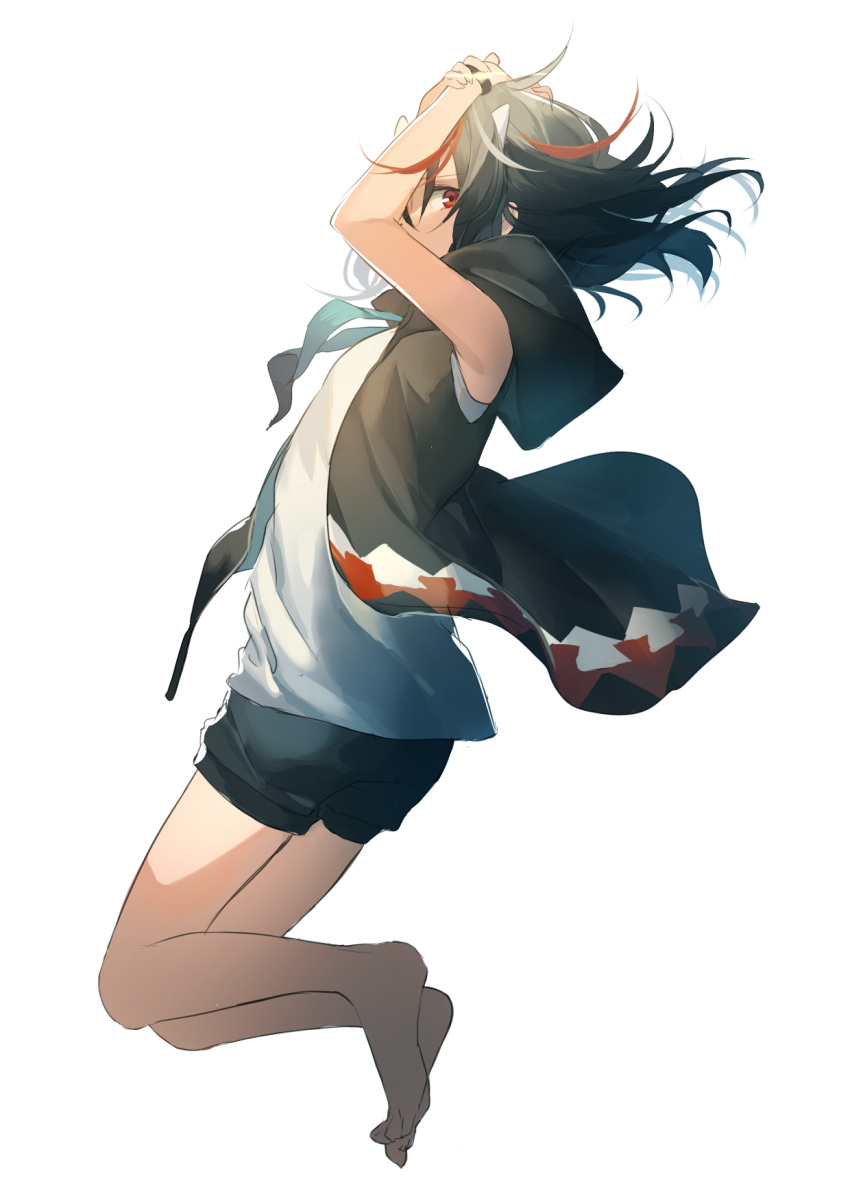 1girl alternate_costume bare_arms barefoot black_hair floating_hair full_body highres horns kijin_seija looking_at_viewer motsuba multicolored_hair red_eyes redhead shirt short_shorts shorts simple_background solo streaked_hair touhou white_background white_hair white_shirt wind wind_lift wrist_cuffs