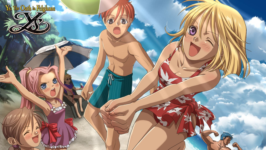 ball beach beachball bikini blonde_hair blue_eyes blue_sky blush chester_stoddart clouds day dogi_(ys) elena_stoddart flexing highres multiple_boys muscle ocean one_eye_closed outdoors palm_tree pink_hair pose sand short_hair sky smile sunglasses swimsuit tree violet_eyes water ys ys_iii_wanderers_of_ys