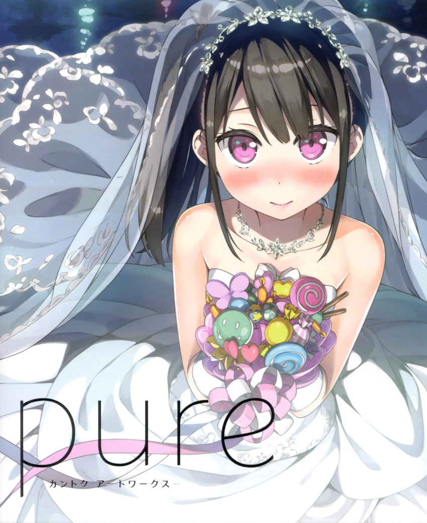 1girl 3: absurdres bangs bare_shoulders black_hair blush bouquet breasts bridal_veil closed_mouth dress flower from_above gloves hair_ribbon highres jewelry kantoku looking_at_viewer necklace original plaid ribbon scan shizuku_(kantoku) side_ponytail sidelocks small_breasts solo strapless strapless_dress tsurime veil violet_eyes wedding_dress white_dress white_gloves