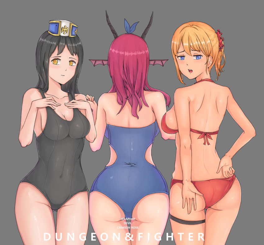 3girls absurdres ass back bangs bare_arms bare_shoulders bikini bikini_pull black_hair black_swimsuit blonde_hair blue_bow blue_eyes blue_swimsuit bow breasts character_name cleavage copyright_name covered_navel cowboy_shot demon_horns dkflkkldf dungeon_and_fighter eyebrows_visible_through_hair eyelashes from_behind gluteal_fold grey_background hair_bow hair_ornament hairband hat head_fins highres horns large_breasts legs_together long_hair looking_at_viewer looking_back multiple_girls one-piece_swimsuit ponytail pulled_by_self red_bikini red_bow redhead school_swimsuit short_hair shoulder_blades sideboob simple_background skindentation smile standing strapless strapless_swimsuit swimsuit thigh_gap yellow_eyes