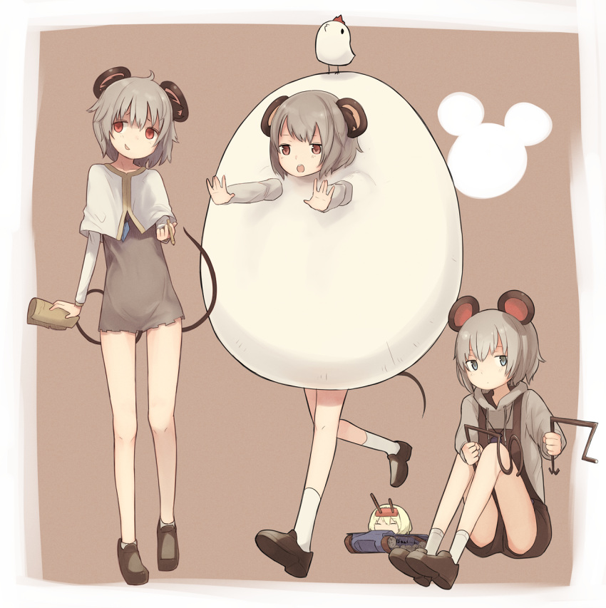 3girls animal_ears bare_legs black_shorts brown_shoes capelet cookie_(touhou) dowsing_rod dress egg_costume grey_dress grey_eyes grey_hair highres jewelry long_sleeves masu_yuuichi mouse_ears mouse_tail multiple_girls nazrin nyon_(cookie) pencil pendant red_eyes running shoes short_dress short_hair shorts sitting socks tail touhou white_legwear
