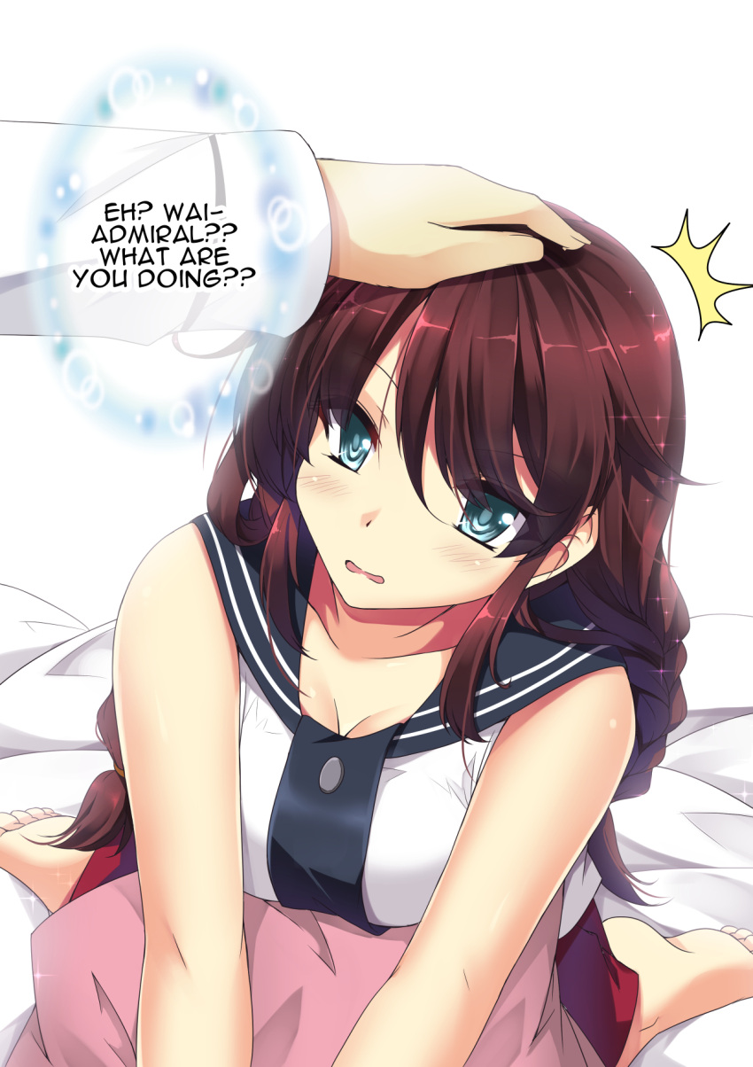 1boy 1girl admiral_(kantai_collection) auburn_hair bed_sheet blue_eyes blush braid breasts cleavage collarbone english eyes_visible_through_hair highres kantai_collection kneeling large_breasts leaning_forward long_hair looking_at_viewer looking_up noshiro_(kantai_collection) open_mouth petting pillow pleated_skirt red_skirt sailor_collar sheita shiny shiny_hair skirt twin_braids