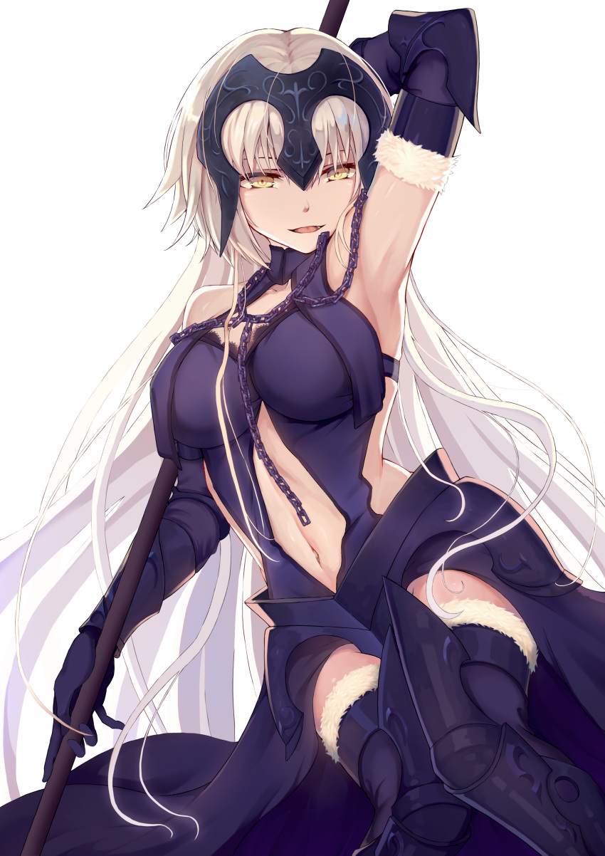 1girl :d absurdres armor armpits black_gloves black_legwear blonde_hair breasts chains elbow_gloves fate/grand_order fate_(series) gauntlets gloves greaves helmet highres jeanne_alter long_hair looking_at_viewer navel open_mouth rafael-m ruler_(fate/apocrypha) smile solo thigh-highs very_long_hair yellow_eyes