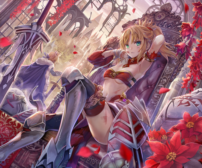 1girl armor armored_boots armpits bandage bandeau black_legwear blonde_hair blood blood_on_face boots braid breasts cape castle clarent crown crown_braid detached_collar detached_sleeves dutch_angle excalibur fate/apocrypha fate_(series) gauntlets green_eyes looking_at_viewer medium_breasts navel outdoors petals planted_sword planted_weapon ponytail red_flower ruins saber saber_of_red sitting solo_focus standing sword thigh-highs throne torino_akua torn_clothes torn_sleeves under_boob weapon
