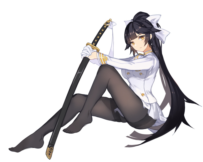 1girl bangs bilan_hangxian black_hair black_legwear blunt_bangs breasts closed_mouth eyebrows_visible_through_hair from_side full_body gloves half_gloves holding holding_sword holding_weapon katana knee_up long_hair long_sleeves looking_at_viewer medium_breasts military military_uniform no_shoes pantyhose pleated_skirt ponytail sheath sheathed simple_background sitting skirt solo sword takao_(bilan_hangxian) thighband_pantyhose thighs tsurime uniform very_long_hair weapon white_background white_gloves white_skirt yellow_eyes yue_(pixiv4635680)