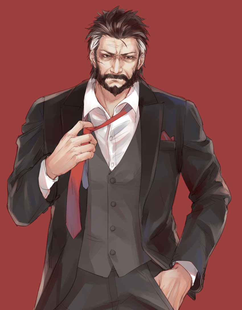 1boy absurdres adjusting_clothes adjusting_necktie beard black_hair character_request ck_(26982497) cowboy_shot facial_hair formal girls_frontline hand_in_pocket highres looking_away male_focus necktie red_background red_necktie scar solo standing suit