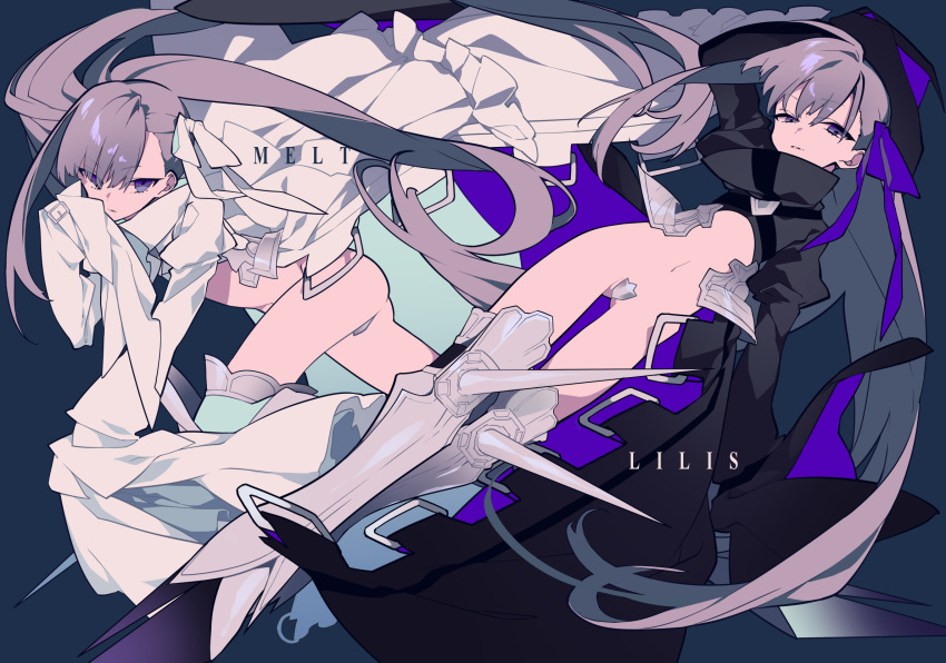 2girls ass ass_grab blue_eyes character_name crotch_plate fate/extra fate/extra_ccc fate/grand_order fate_(series) greaves highres long_hair meltlilith mochizuki_kei multiple_girls purple_hair sleeves_past_wrists