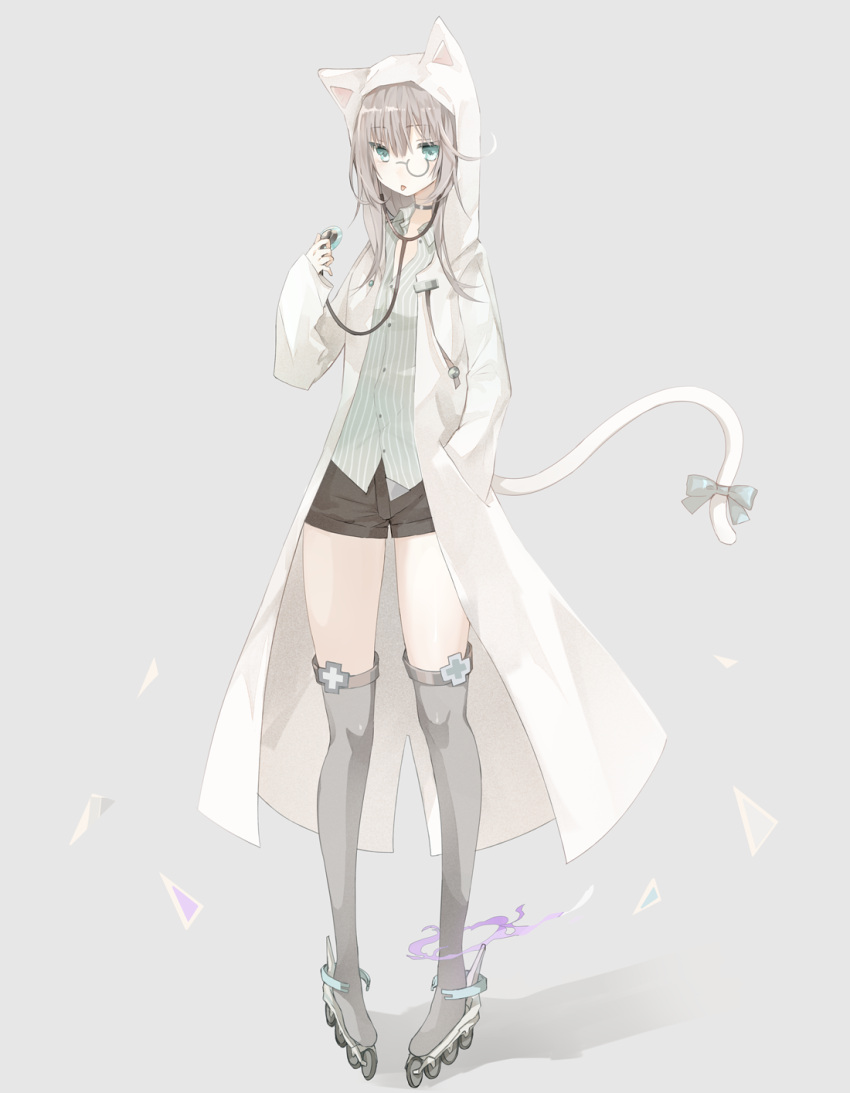 1girl :p animal_ears animal_hood bangs black_shorts cat_ears cat_hood cat_tail coat eyebrows_visible_through_hair full_body green_eyes grey_background grey_hair grey_legwear hand_in_pocket hand_up highres hood long_hair looking_at_viewer monocle open_clothes open_coat original over-kneehighs pigeon-toed roller_skates shorts simple_background skates solo standing stethoscope tail thigh-highs thighs tlla tongue tongue_out