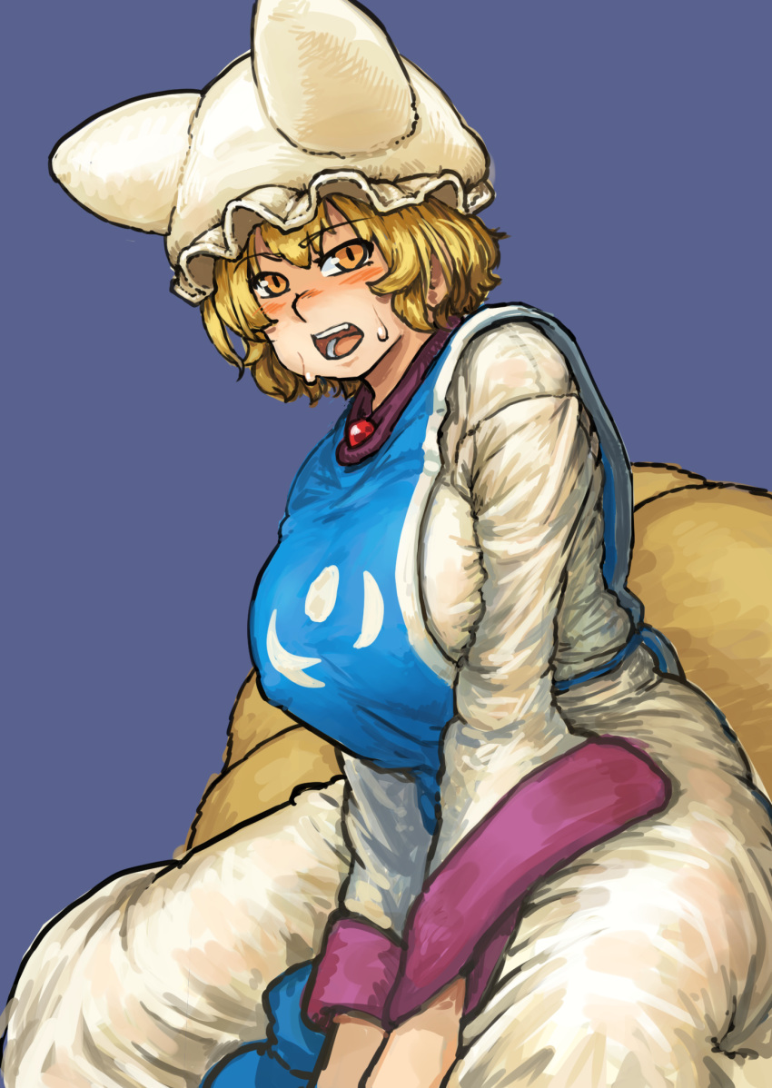 1girl alternate_eye_color between_legs blonde_hair breasts brown_eyes chanta_(ayatakaoisii) commentary erect_nipples fox_tail hand_between_legs hat highres huge_breasts long_sleeves looking_at_viewer multiple_tails pillow_hat purple_background see-through short_hair sitting sketch solo sweatdrop tabard tail thick_thighs thighs touhou white_hat wide_hips wide_sleeves yakumo_ran