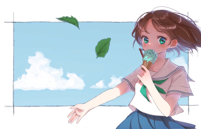 1girl blouse blue_skirt blue_sky blush breasts brown_hair clouds collarbone cowboy_shot day eating floating_hair food green_eyes green_neckerchief hami_yura ice_cream ice_cream_cone leaf long_hair looking_at_viewer neckerchief original pleated_skirt sailor_collar school_uniform serafuku short_sleeves skirt sky small_breasts solo standing white_blouse white_border wind