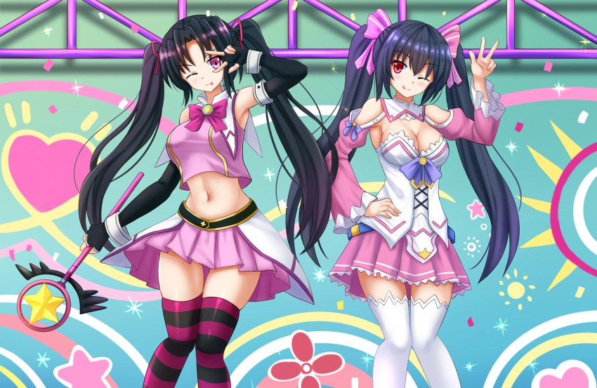 2girls :p bare_shoulders black_hair blush breasts crossover hair_ornament high_school_dxd highres holding holding_wand kazenokaze long_hair looking_at_viewer medium_breasts multiple_girls navel neptune_(series) noire one_eye_closed open_mouth pink_eyes red_eyes serafall_leviathan smile tongue tongue_out twintails v wand