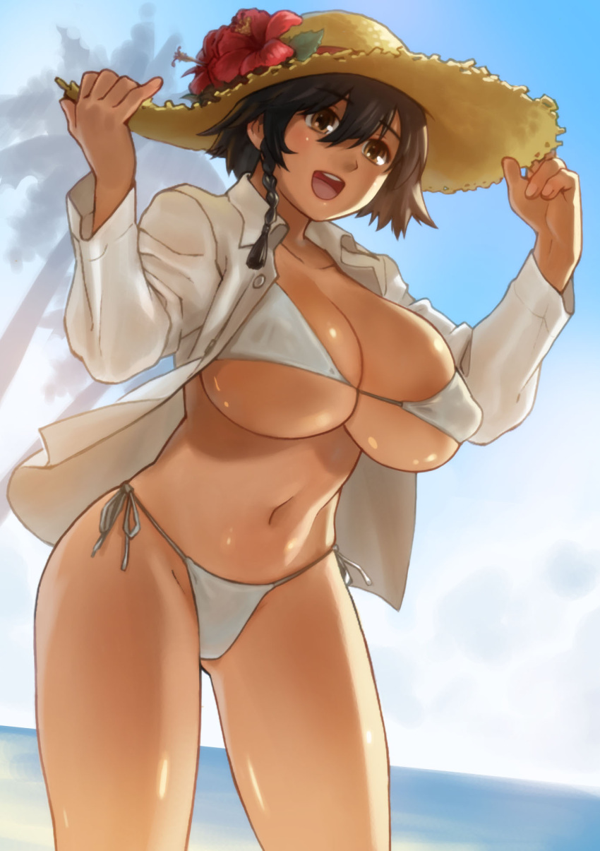 :d bare_legs beach bikini bikini_under_clothes black_hair braid breasts brown_eyes buttons collarbone collared_shirt cowboy_shot day erect_nipples eyebrows_visible_through_hair fingernails flower gluteal_fold hair_between_eyes hands_on_headwear hands_up hat hat_flower highres huge_breasts long_sleeves looking_afar navel ocean open_clothes open_mouth open_shirt original outdoors shiny shiny_skin shirt short_hair side-tie_bikini side-tie_bottom side_braid single_braid sky smile standing stomach straw_hat summer swimsuit tan unbuttoned unbuttoned_shirt white_bikini white_shirt wing_collar