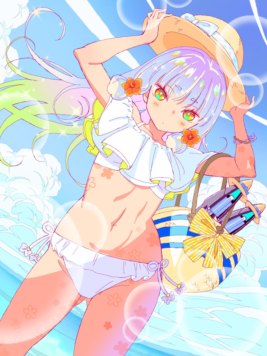 1girl 26_(sister_freedom) anchor arms_up basket bikini blush bow clouds cloudy_sky commentary_request day dutch_angle flower gluteal_fold hair_flower hair_ornament hat hat_bow highres kantai_collection lens_flare long_hair looking_at_viewer multicolored multicolored_eyes multicolored_hair murakumo_(kantai_collection) navel ocean parted_lips side-tie_bikini sky solo sun_hat swimsuit white_bikini