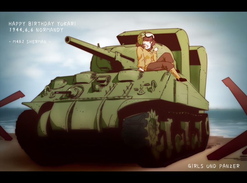 1girl akiyama_yukari beach english girls_und_panzer ground_vehicle hariyaa jacket m4_sherman military military_vehicle motor_vehicle pants short_hair smile tank tank_helmet