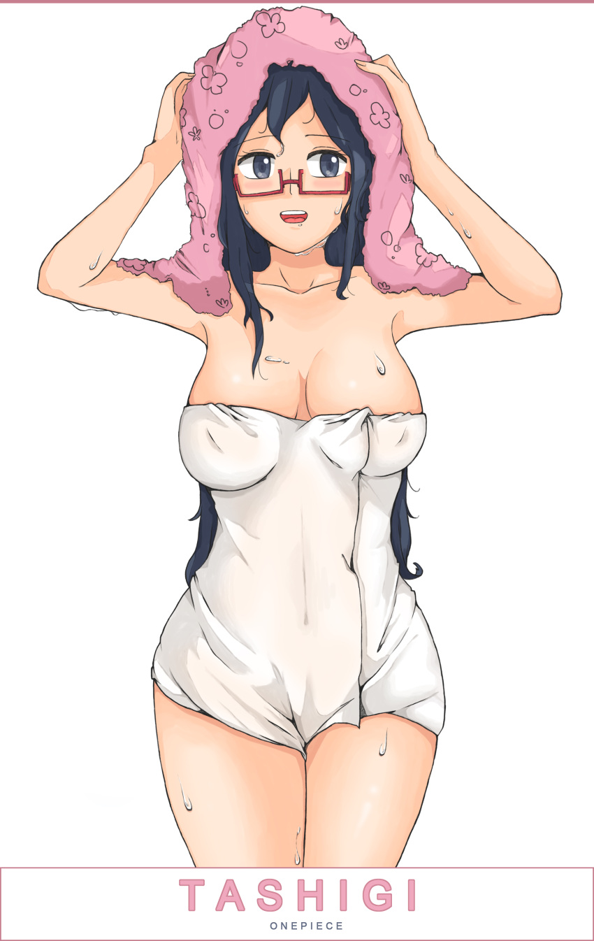 1girl :d absurdres bare_arms bare_shoulders blue_eyes blue_hair blush breasts breasts_apart character_name collarbone copyright_name cowboy_shot dkflkkldf erect_nipples eyelashes fingernails glasses hands_on_own_head hands_up highres long_fingernails long_hair medium_breasts naked_towel one_piece open_mouth red-framed_eyewear semi-rimless_glasses simple_background smile solo standing tashigi tongue towel towel_on_head under-rim_glasses upper_teeth wet white_background white_towel