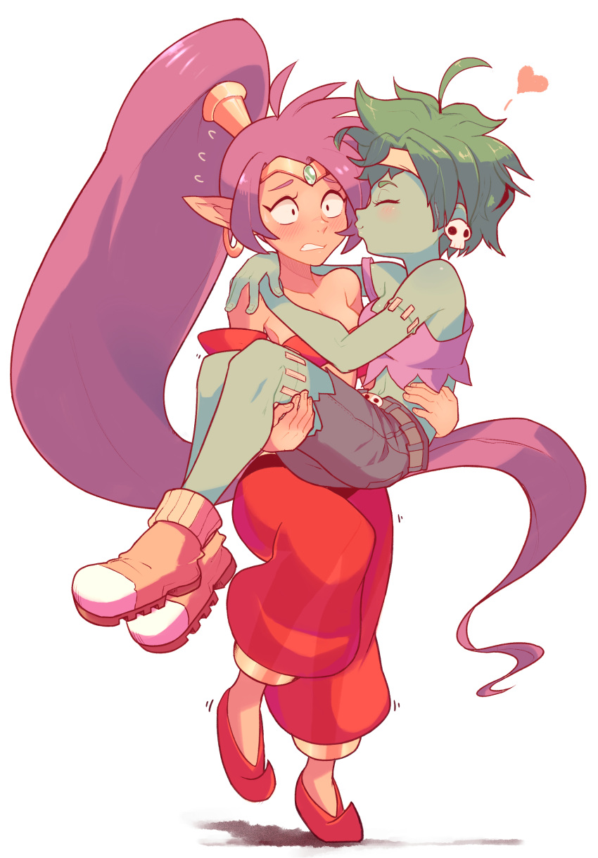 2girls absurdres ahoge carrying dark_skin embarrassed full_body green_hair green_skin heart highres kiss long_hair midriff monster_girl multiple_girls navel pointy_ears ponytail princess_carry purple_hair revision rottytops sally_(luna-arts) shantae_(character) shantae_(series) shantae_and_the_pirate's_curse shorts stitches very_long_hair yuri zombie