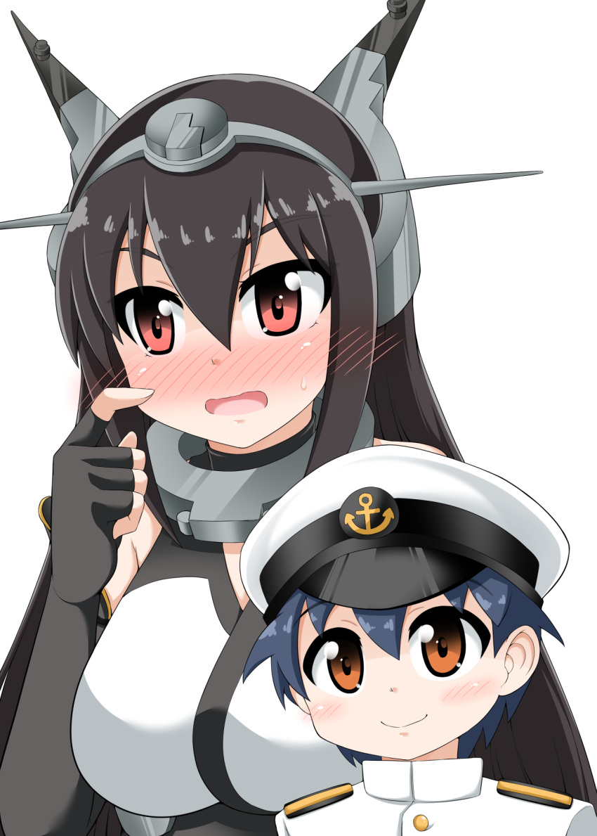 1boy 1girl arm_guards black_hair blue_hair blush breasts collar commentary_request elbow_gloves epaulettes finger_to_cheek fingerless_gloves gloves hair_between_eyes hat headgear height_difference highres kantai_collection large_breasts little_boy_admiral_(kantai_collection) long_hair looking_at_viewer military military_hat military_uniform nagato_(kantai_collection) peaked_cap red_eyes sidelocks sleeveless smile uniform upper_body white_background yamato_nadeshiko