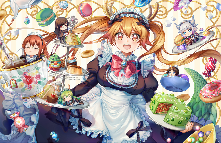 1boy 5girls :3 :d :t apron bangs beads black_bow black_dress black_pants black_shoes blue_eyes blunt_bangs blush bow bowl breasts brooch brown_eyes brown_hair cake caramel cherry chibi chin_rest closed_eyes closed_mouth cup cupcake d:&lt; dessert doughnut dragon_horns dragon_tail dragon_tail_cake dress eating elma_(maidragon) english eyebrows_visible_through_hair fafnir_(maidragon) floral_print food formal frilled_apron frills fruit glasses glint gloves green_hair hair_beads hair_between_eyes hair_ornament head_tilt holding holding_tray horn horns jewelry kanna_kamui kaze-hime kobayashi-san_chi_no_maidragon kobayashi_(maidragon) lavender_hair lettuce long_hair long_sleeves looking_at_viewer low_twintails lying macaron maid maid_headdress medium_breasts multiple_girls neck_ribbon on_side open_mouth outstretched_arms pants parted_bangs parted_lips pudding puffy_long_sleeves puffy_sleeves quetzalcoatl_(maidragon) red_eyes red_ribbon redhead ribbon rimless_glasses sandwich shoes sitting smile spoon sprinkles strawberry sugar_cube suit swept_bangs tail tea teabag teacup teapot tooru_(maidragon) tray twintails very_long_hair waist_apron watermark web_address white_apron white_gloves wrapped_candy