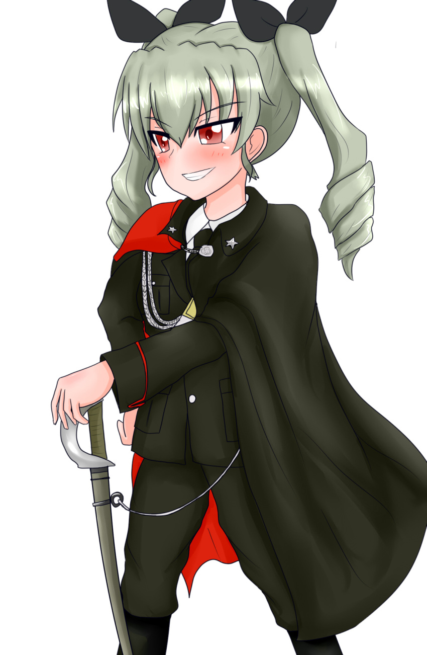 1girl anchovy capelet carabinieri girls_und_panzer highres military police policewoman standing sword twintails uniform weapon