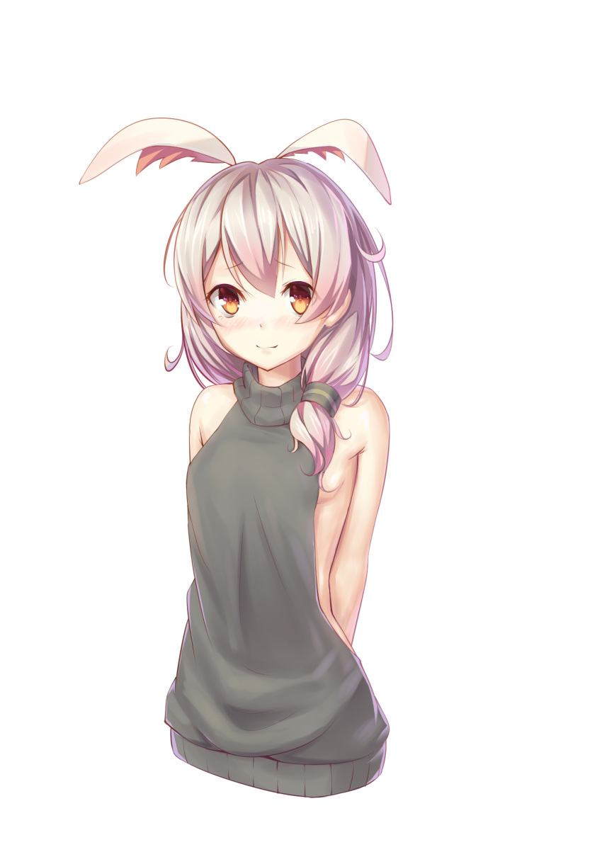 1girl animal_ears arms_behind_back backless_outfit bangs benghuai_xueyuan blush brown_eyes closed_mouth dress eyebrows_visible_through_hair grey_hair grey_sweater hair_over_shoulder halterneck hei_huo_chong highres light_smile long_hair looking_at_viewer meme_attire naked_sweater open-back_dress ribbed_sweater simple_background smile solo sweater sweater_dress theresa_apocalypse turtleneck turtleneck_sweater upper_body virgin_killer_sweater white_background